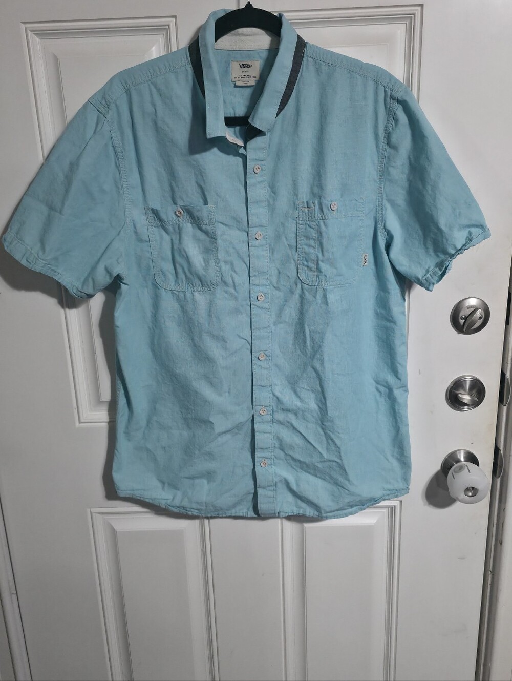 VANS Men's Blue Solid Woven Cotton Casual Short Sleeve Button-Up Shirt Regular L